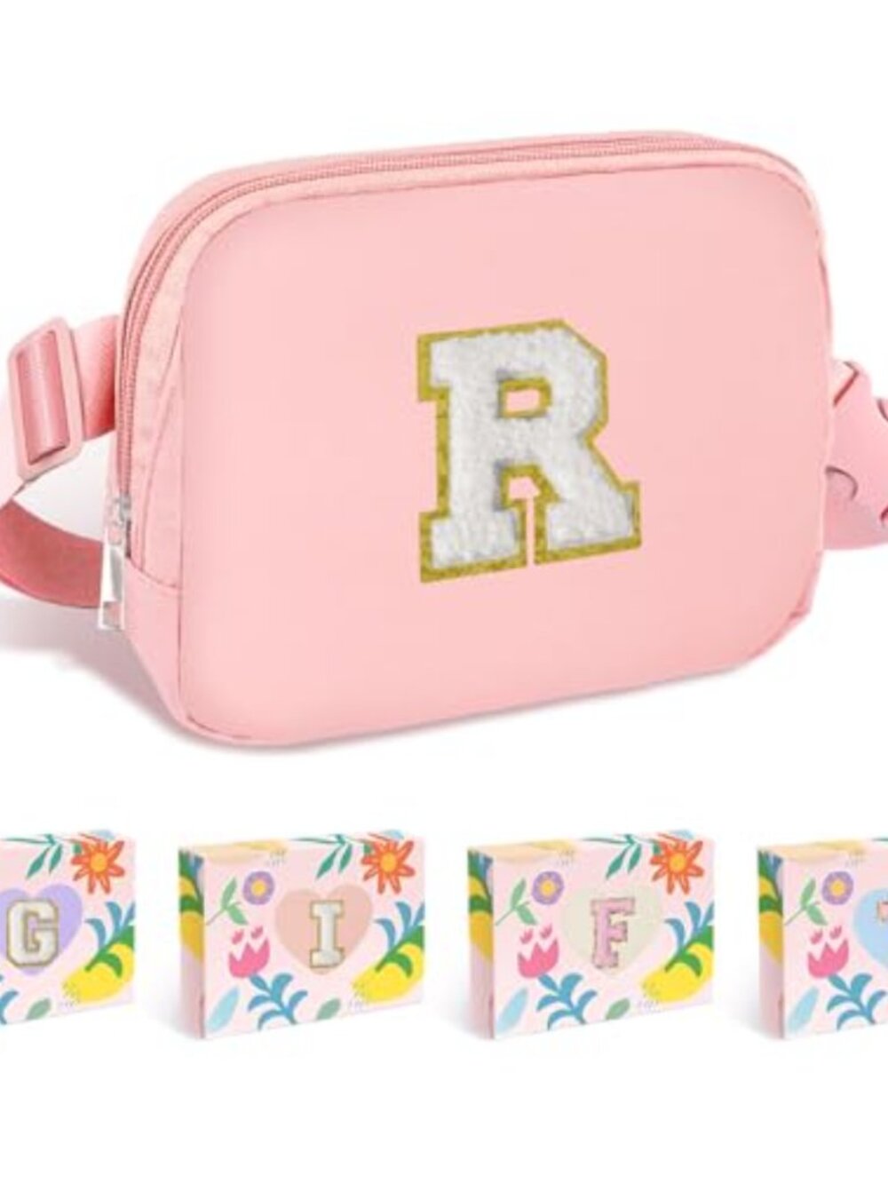 Pink Initial Letter Chenille Patch Fanny Pack Belt Bag Crossbody Adjustable